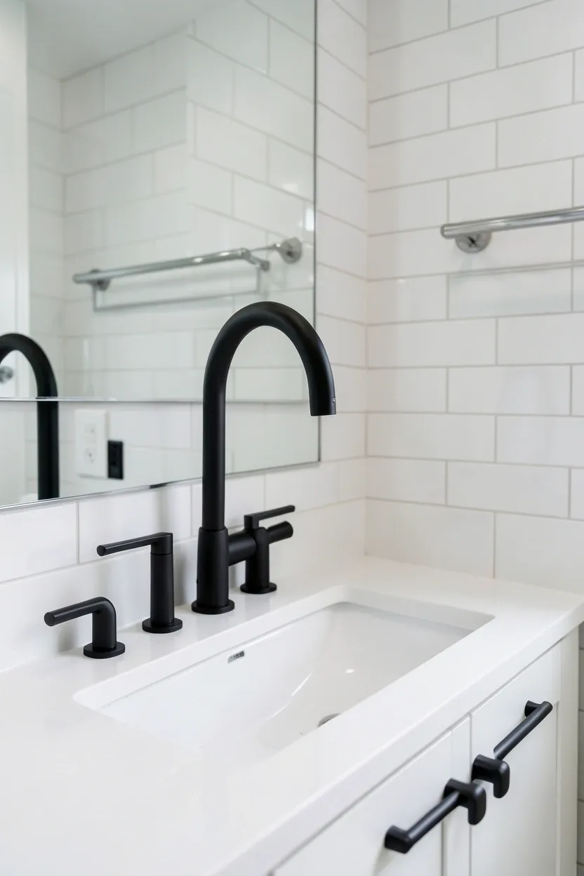 Hyper-realistic eye-level photograph of a modern black bathroom featuring matte black gooseneck faucet and widespread handles on white quartz countertop, white vanity cabinet, chrome towel rail on wall, white subway tile walls. Natural light. Materials: matte black metal fixtures, white quartz, white wood, white ceramic, chrome rail. Dramatic black fixture focal point. Clean modern aesthetic. No text, no logos, no watermarks.</p>