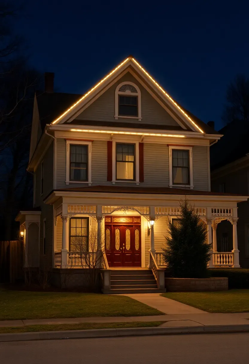 Hyper-realistic evening exterior shot of Victorian-style home featuring architectural outline lighting. Two-story house with peaked roof, decorative gables, wrap-around porch, ornate trim work painted in multiple colors (cream sage rust). Warm white LED lights precisely outline roof peaks, frame each window opening, highlight porch column details, trace gable edges. Larger wall areas remain dark creating contrast. Front walkway, small front yard with bare trees. Dark blue night sky. Materials: painted wood siding, decorative wood trim, LED lights. Warm white lighting (2800K) emphasizing architectural forms, elegant historical mood, medium shot showing house details, balanced composition between lit and unlit areas. No text logos watermarks.</p>