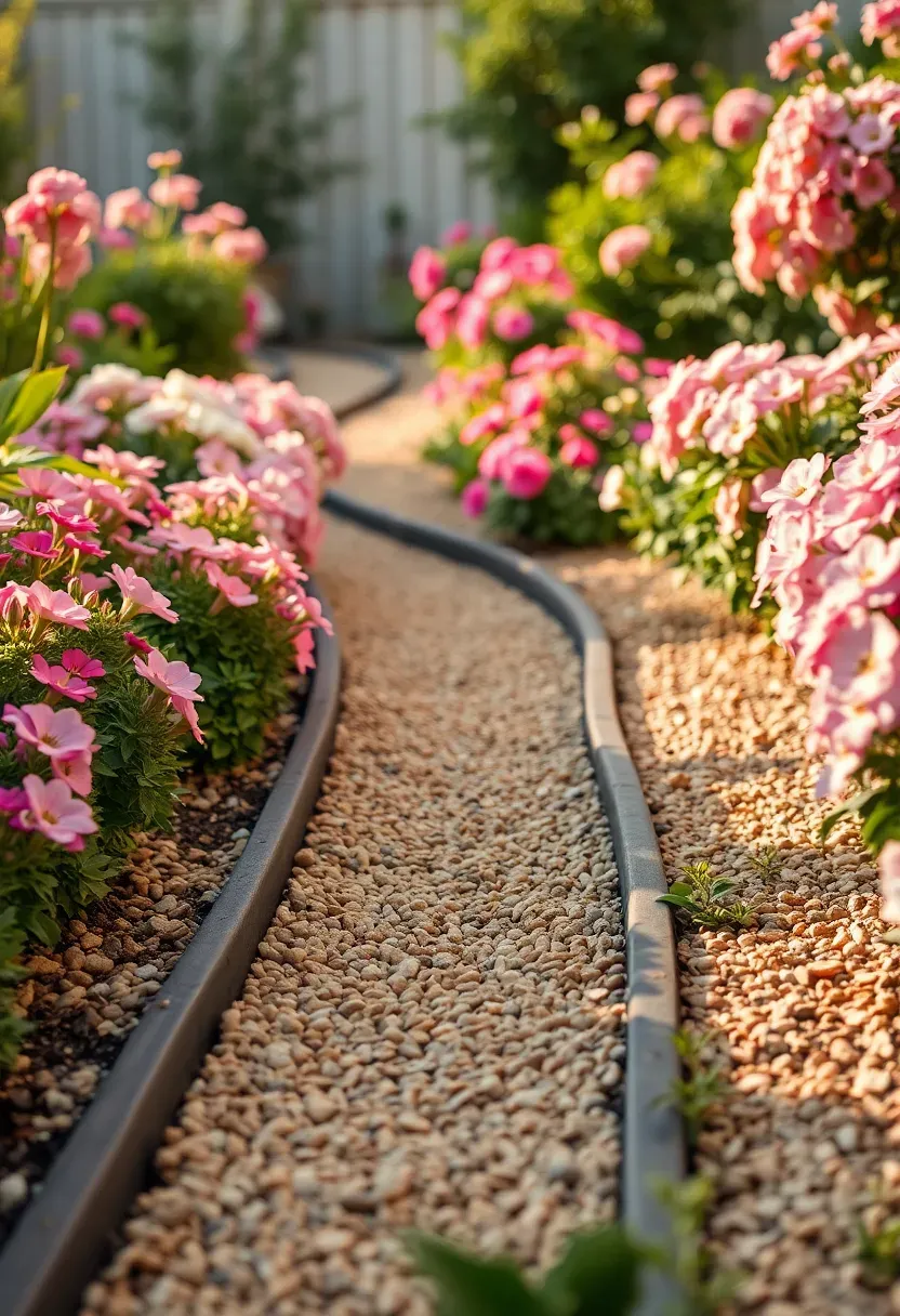 A narrow pea gravel path bordered by steel landscape edging running between flower beds in a backyard