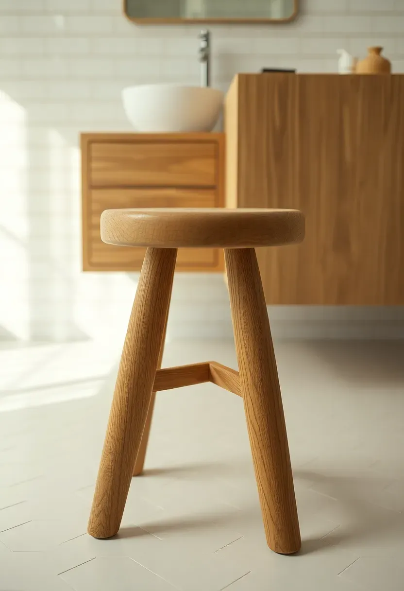 Hyper-realistic side angle of white oak stool with three tapered legs and round seat, partially visible white oak floating vanity and white subway tile wall behind, white hex floor tiles. Materials: white oak turned stool, white oak vanity, white tile walls, white hex floor. Warm low diffused window light, warm oak tones against creamy neutrals. Craft-focused minimalist mood, shallow depth of field with sharp wood grain detail, soft shadows. Vertical 2:3 framing. No logos.</p>