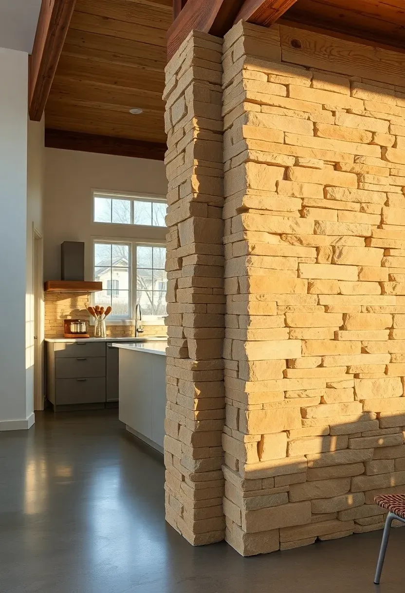 natural stone veneer column wrapping a steel post in a barndominium kitchen