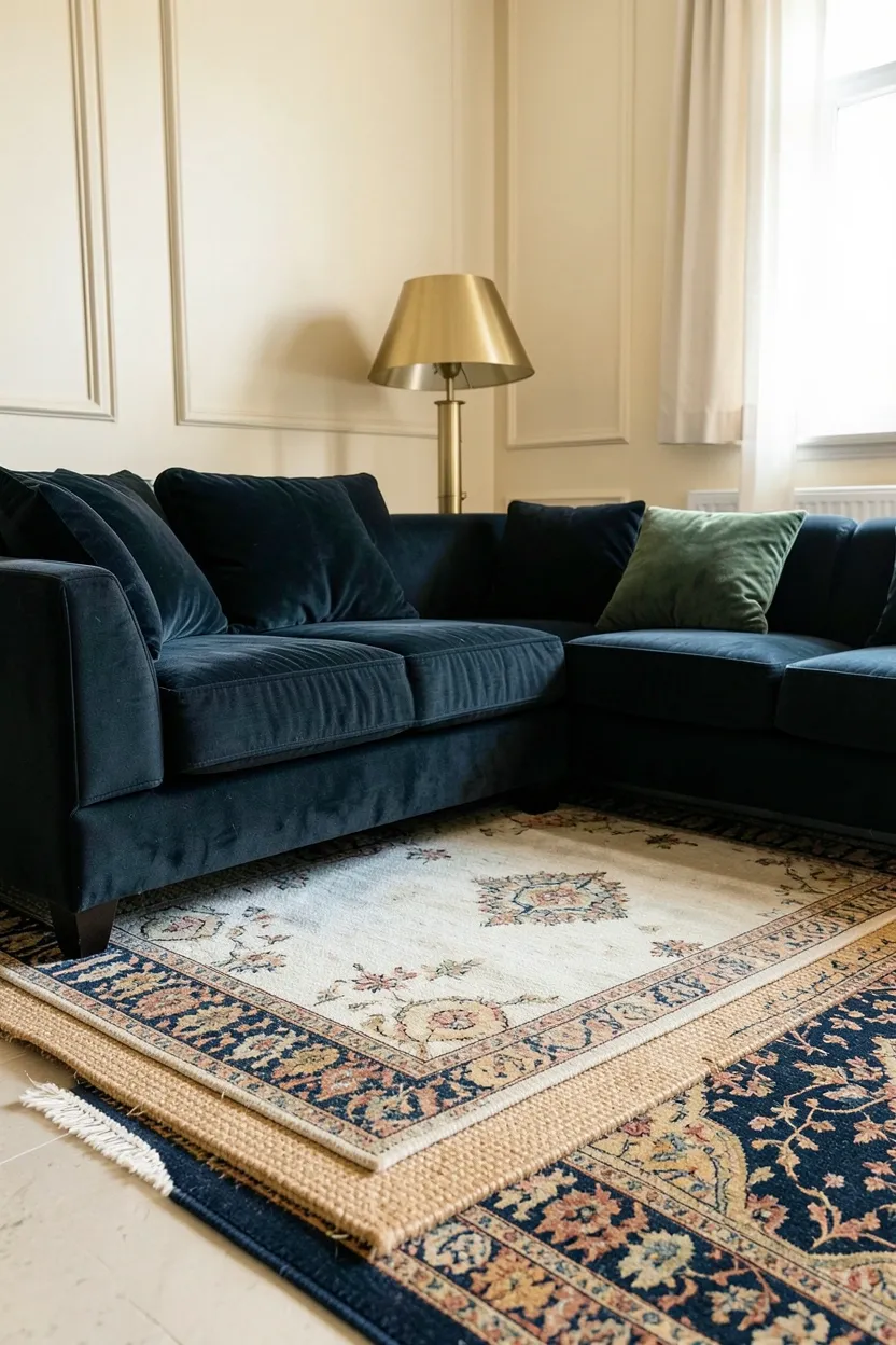 Jute base rug layered with a smaller patterned wool rug under a cream sofa and marble coffee table in a warm luxury living room