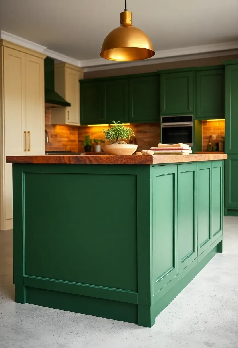 deep forest green kitchen island with natural wood countertop