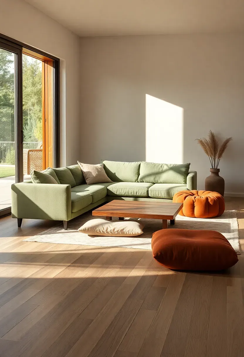 Hyper-realistic wide view of low-scale living room with furniture sitting close to floor. Low-profile sage green sofa, floor cushions in natural linen, low walnut coffee table, pouf in terracotta. Materials: linen upholstery, walnut wood, velvet floor cushions, light oak flooring. Warm natural light from sliding glass door, shadows elongating across floor. Relaxed organic modern mood with earth tone palette. Shallow depth of field, sharp details on floor textures, minimalist arrangement, visible connection to outdoor space.</p>