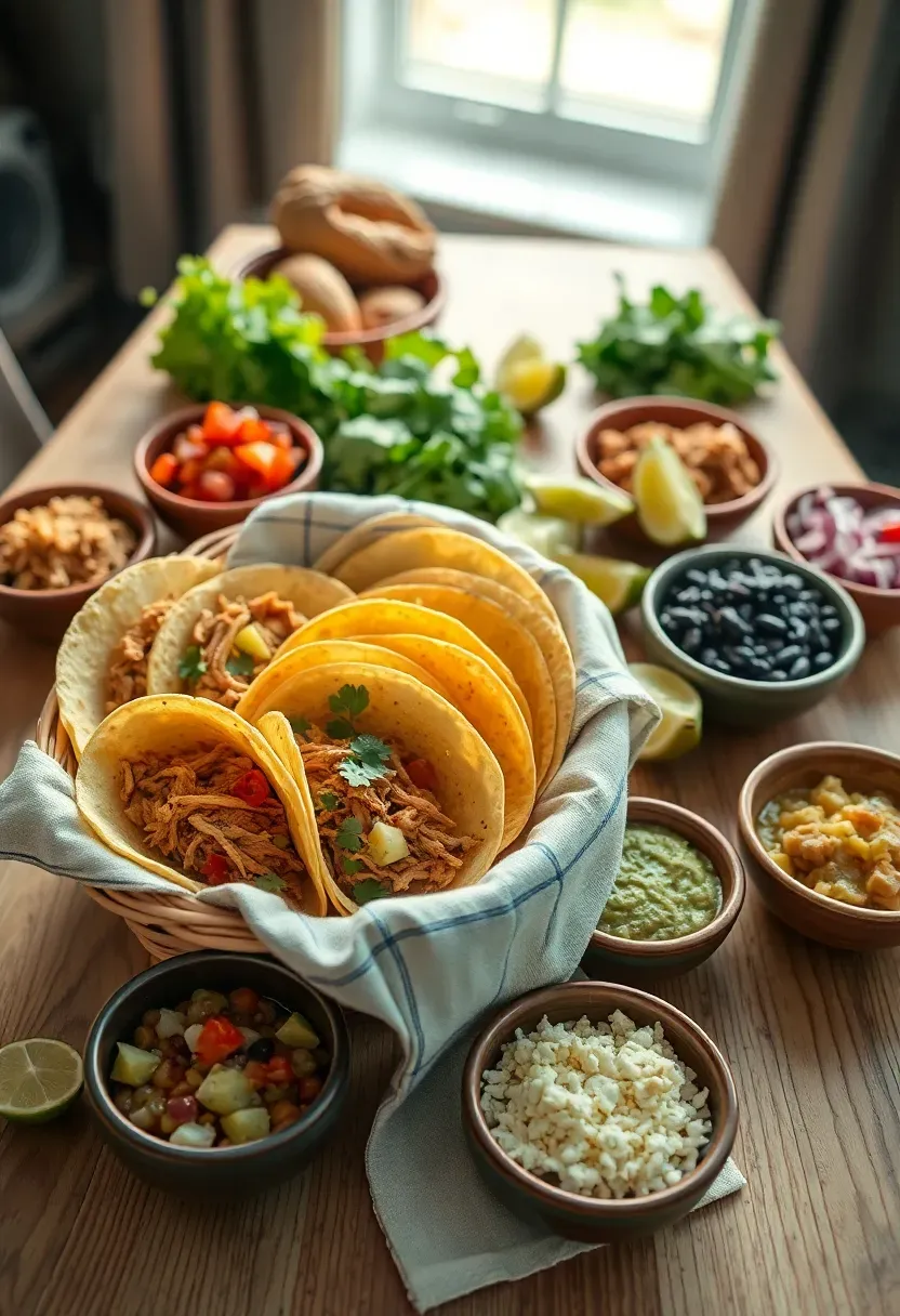 colorful build-your-own taco station at a baby shower with small tortillas, seasoned chicken, black beans, pico de gallo, guacamole, shredded cheese, and lime wedges in separate bowls