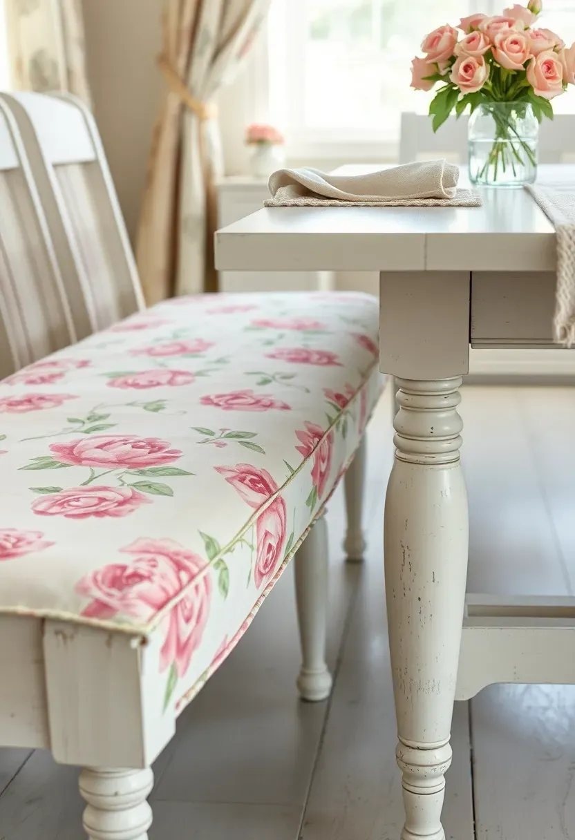 Upholstered dining bench with floral chintz fabric in pink roses on cream, placed along one side of a distressed white dining table