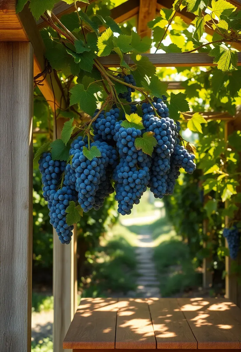 A grapevine-covered gazebo with thick woody vines climbing wooden posts and crossing overhead beams, clusters of purple grapes hanging down, dappled light on a table below