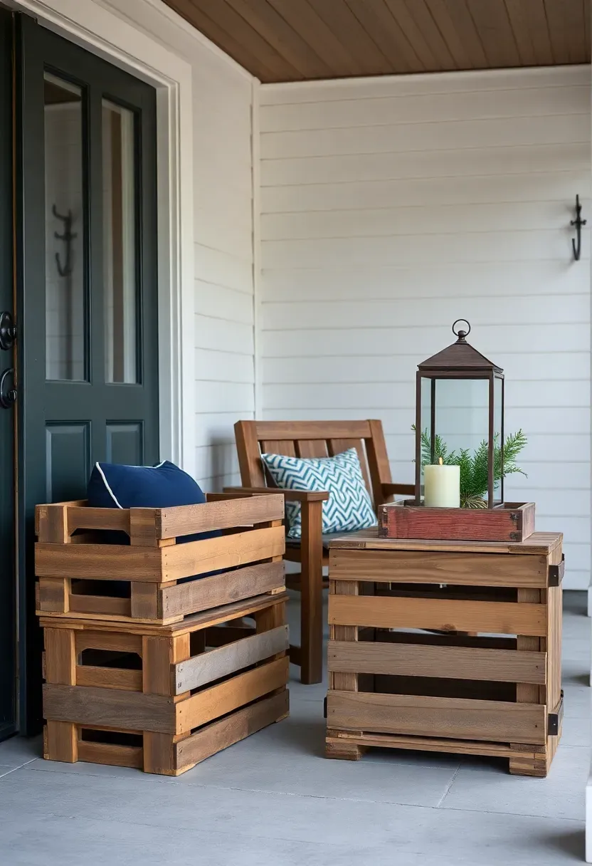 Hyper-realistic wide shot of a covered front porch featuring wooden crate furniture. Two stacked wooden crates create a low seat with a navy outdoor cushion, positioned beside the front door. A single crate at table height displays a lantern with pillar candle and a small evergreen arrangement. Crates show natural weathering with grayed wood and rusted metal corners. Porch has tongue-and-groove wood ceiling and beadboard walls in white. Soft diffused light from nearby window. Visible hooks for hanging coats. No text, no logos, no watermarks.</p>