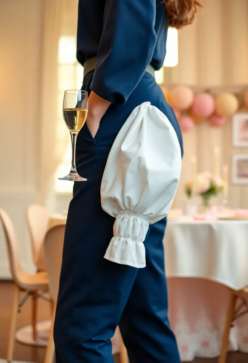 woman in navy tailored trousers and a white puff-sleeve blouse holding a champagne glass at a baby shower