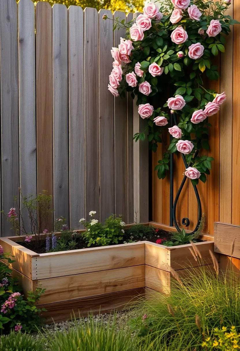 L-shaped raised garden bed fitting neatly into a backyard corner along two fence lines with climbing roses on the fence and perennials filling the bed