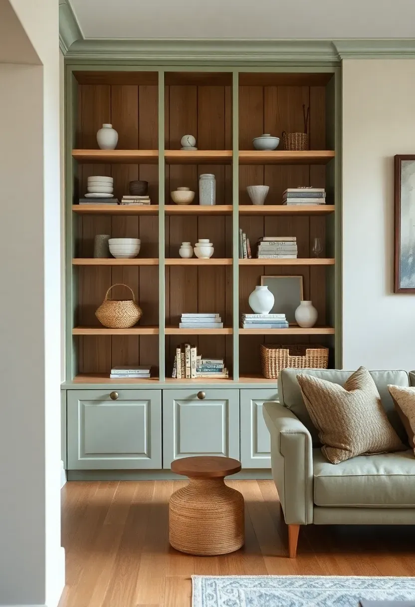 Hyper-realistic 3/4 view of an earthy boho living room showing floor-to-ceiling built-in cabinets painted in a soft sage green, with natural light oak wood shelving visible inside, displaying a curated collection of ceramics, books, and woven objects. Warm wood floor, cream walls. Materials: matte sage green painted cabinet doors, light oak wood interior shelves, white ceramic vessels, woven baskets, books with neutral spines, oak flooring. Natural daylight showing how sage green creates calm backdrop while still feeling earthy and natural. Curated but not overly perfect styling. Shallow depth of field showing built-in cabinetry foreground with furniture and room context beyond. No text, no logos, no watermarks.</p>