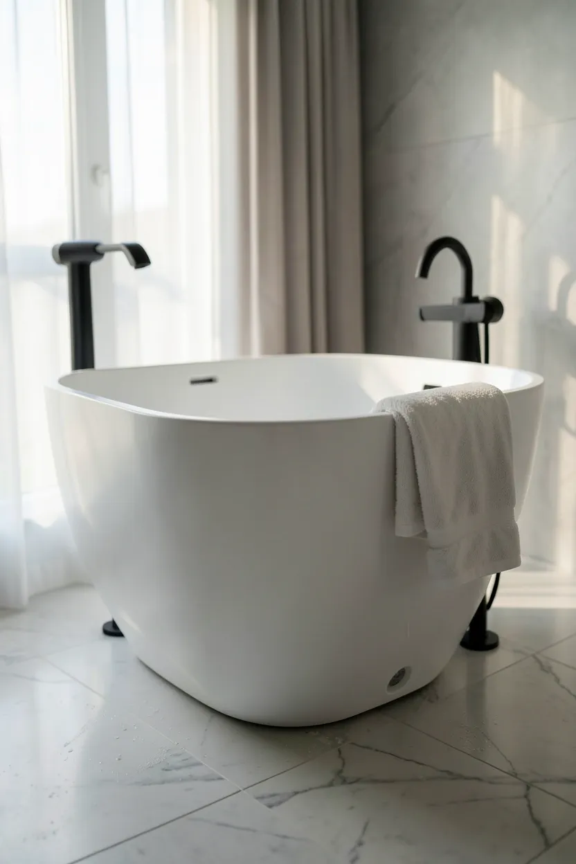 White freestanding soaking tub centered under a pendant light in a calm luxury bathroom with marble floors