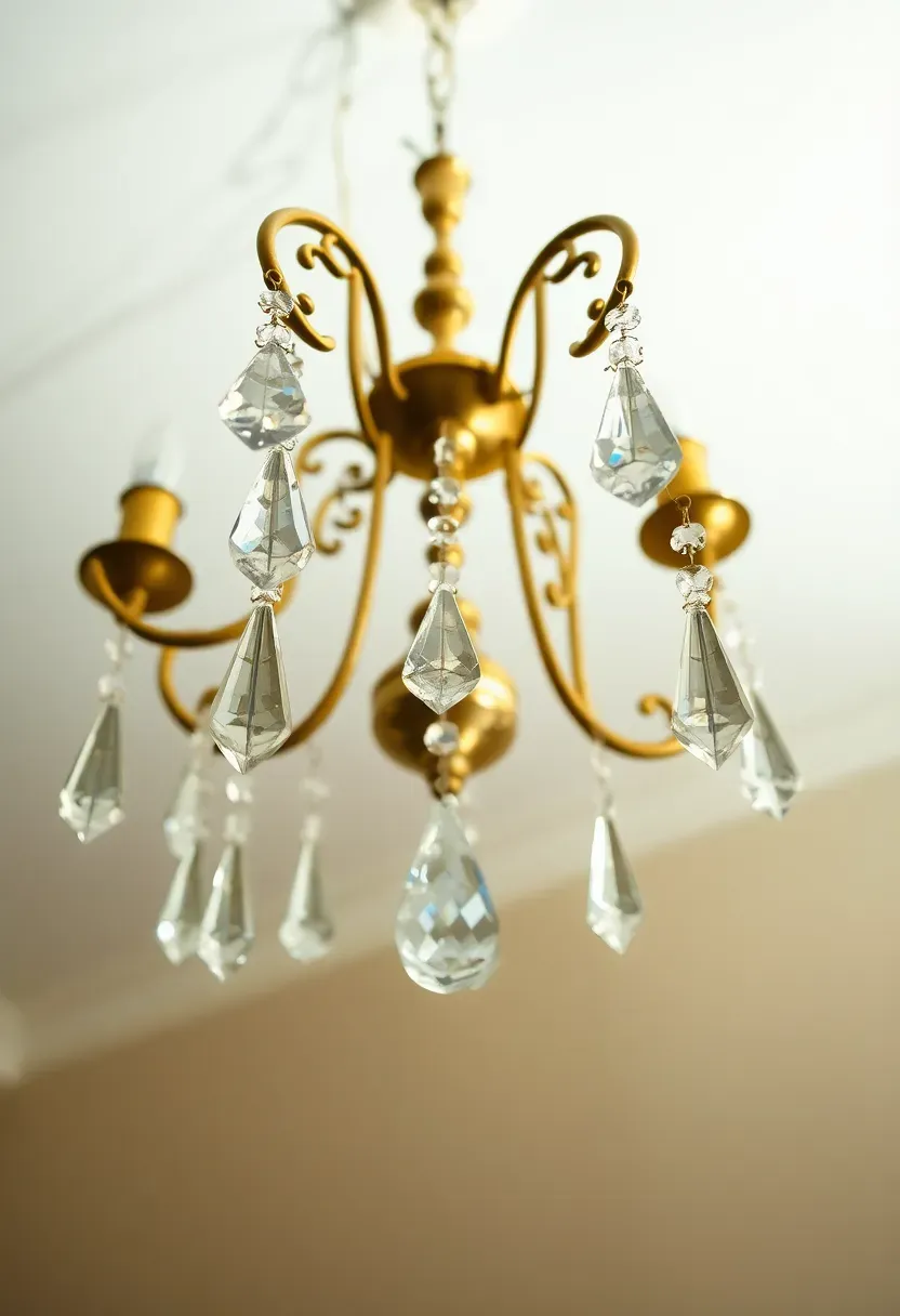 Crystal chandelier with aged patina hanging in shabby chic bedroom