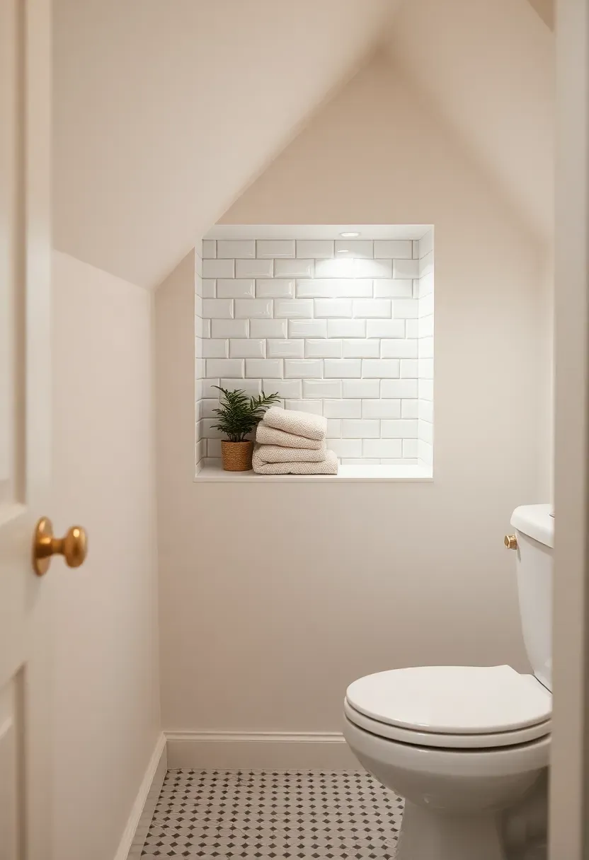 Narrow attic bathroom knee wall with a storage niche carved into it, lined with glossy white subway tile, holding folded towels and a small plant