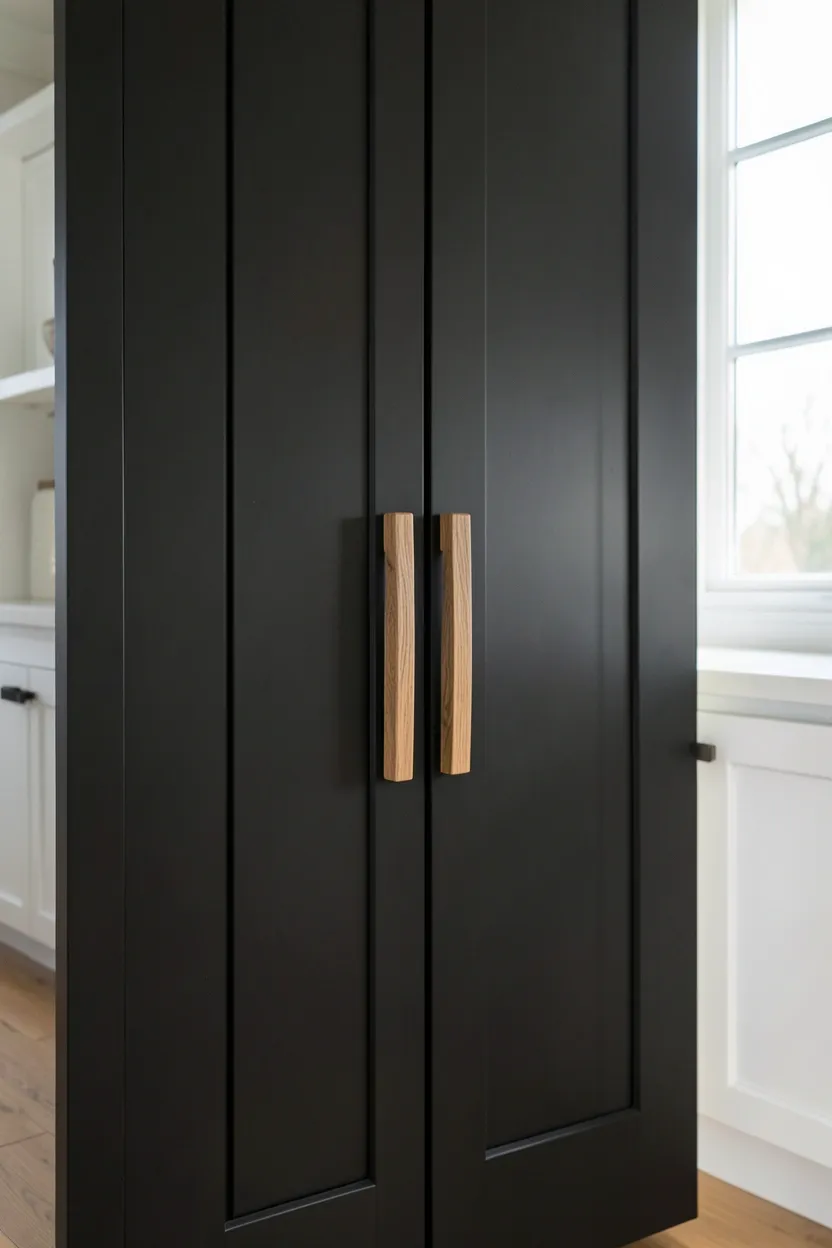 Matte black pantry doors with chunky warm wood pull handles — modern kitchen storage door with natural texture contrast