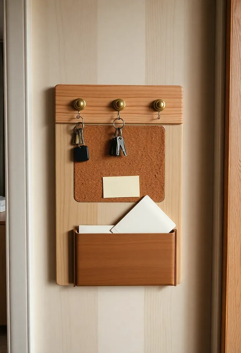 Wall-mounted oak key and mail organizer with brass hooks, corkboard, and mail slot in apartment entryway