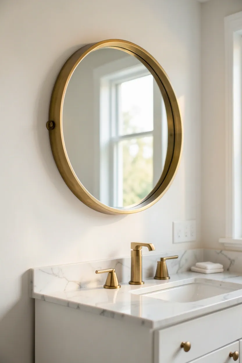 Large arched statement mirror above a vanity in a small apartment bathroom, reflecting light to create spaciousness