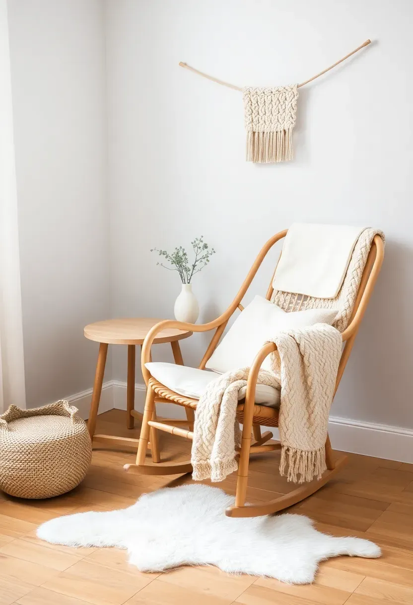 Scandinavian-inspired nursery corner in parent bedroom with rattan rocking chair, light oak shelves, and cream linen textiles