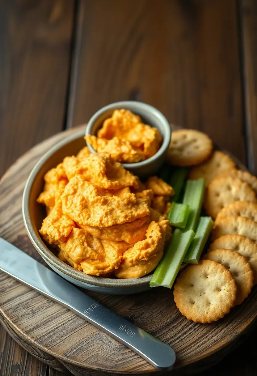 southern style pimento cheese in a bowl surrounded by celery sticks and crackers on a rustic board for a baby shower