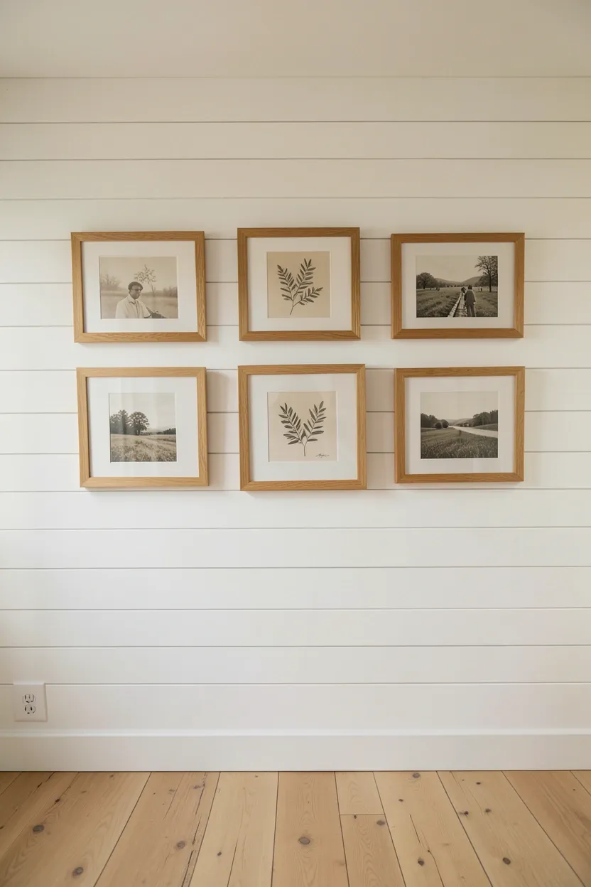 Simple gallery wall with white wood frames and botanical prints in a minimalist farmhouse living room