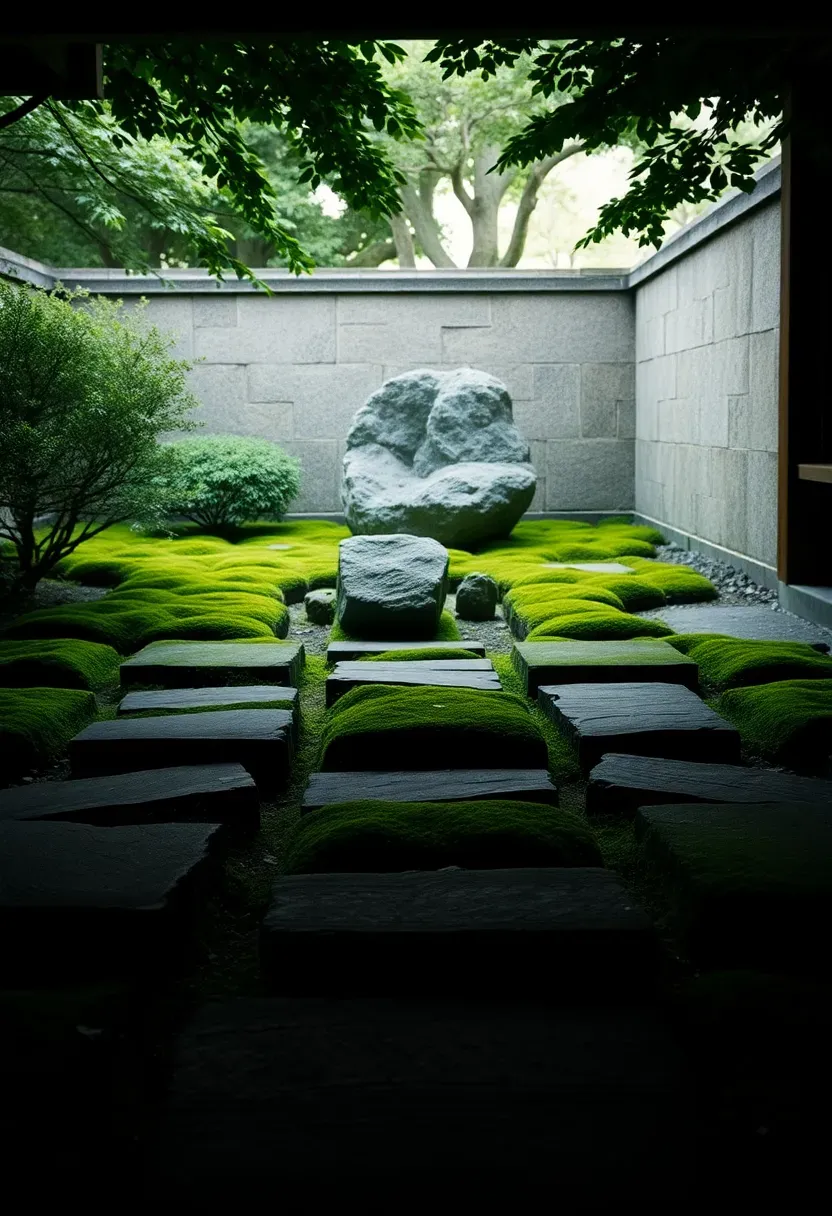 Lush moss and stone Japanese garden courtyard with irregular flat stepping stones, deep green cushion moss, and a solitary weathered granite boulder