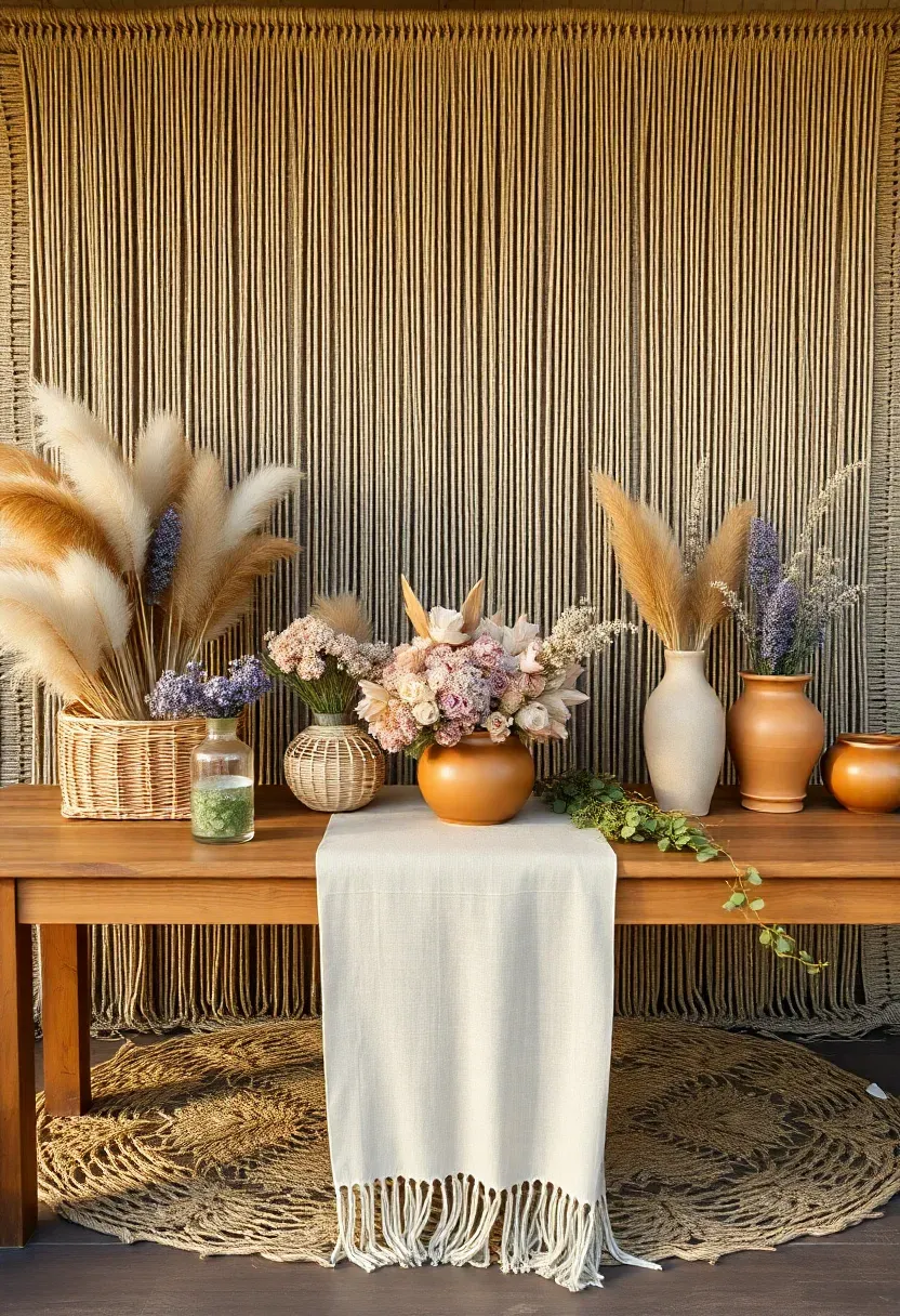 Boho flower bar with pampas grass, dried blooms, macrame wall hanging backdrop, and neutral tones in rattan baskets