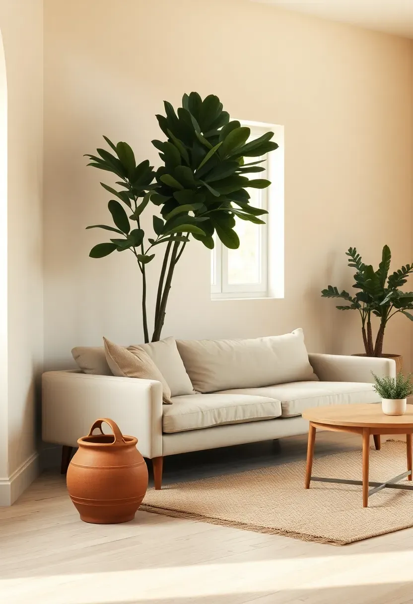 Hyper-realistic 3/4 view of a minimalist living room with one large indoor plant as the focal point, low sofa, simple table. Materials: linen sofa, white oak floor, terracotta planter, wool rug. Warm diffused window light, creamy neutrals with soft green accents. Mood: grounded, calm, natural. Shallow depth of field, sharp details on products, balanced composition, soft shadows, visible room context. No text, no logos, no watermarks.</p>