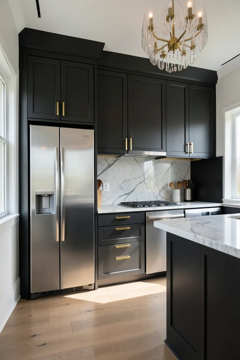 Seamless luxury kitchen with integrated appliances hidden behind dark charcoal cabinet panels with brushed gold handles and marble countertop