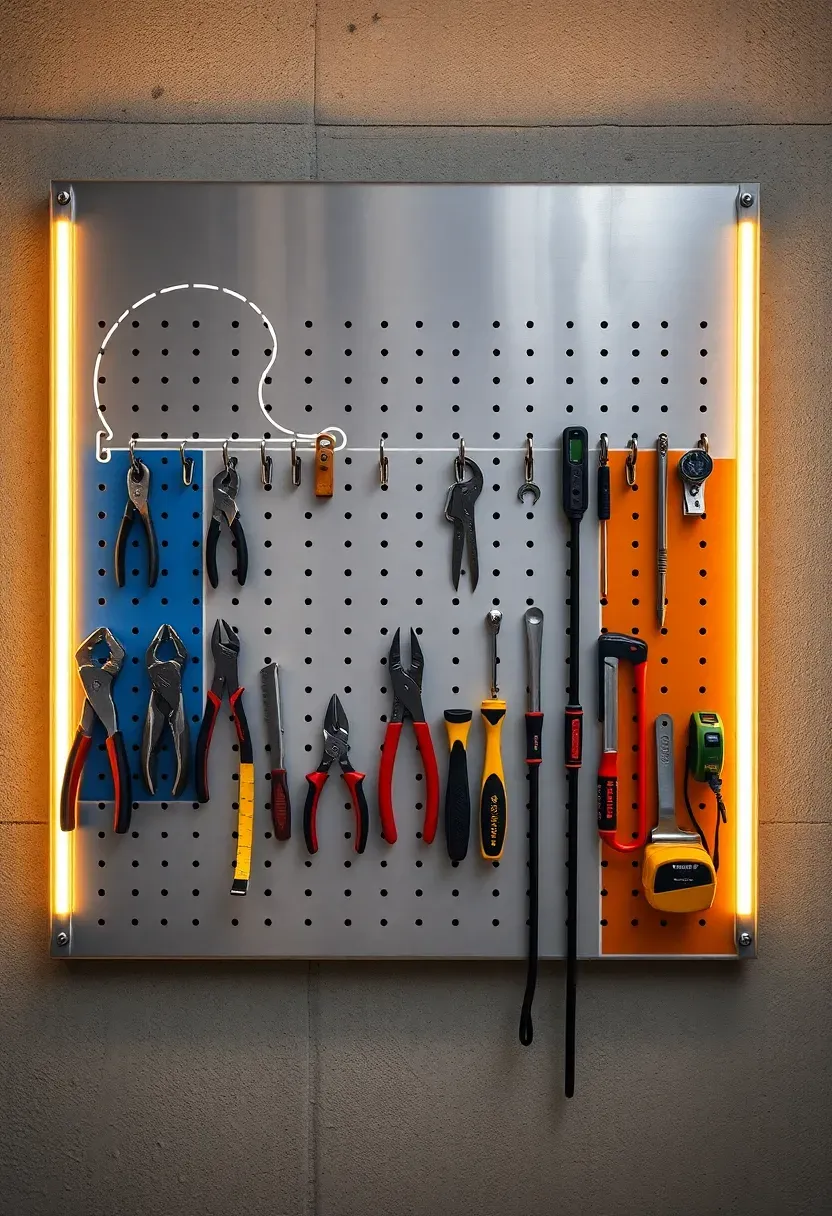 Organized pegboard wall in a garage workshop with outlined tool shapes, color-coded sections, and bright LED strip lighting