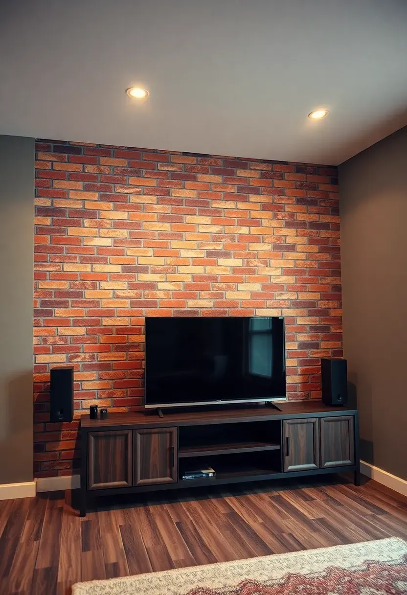 Faux brick peel-and-stick accent wall in warm red tones behind a media console in a decorated basement