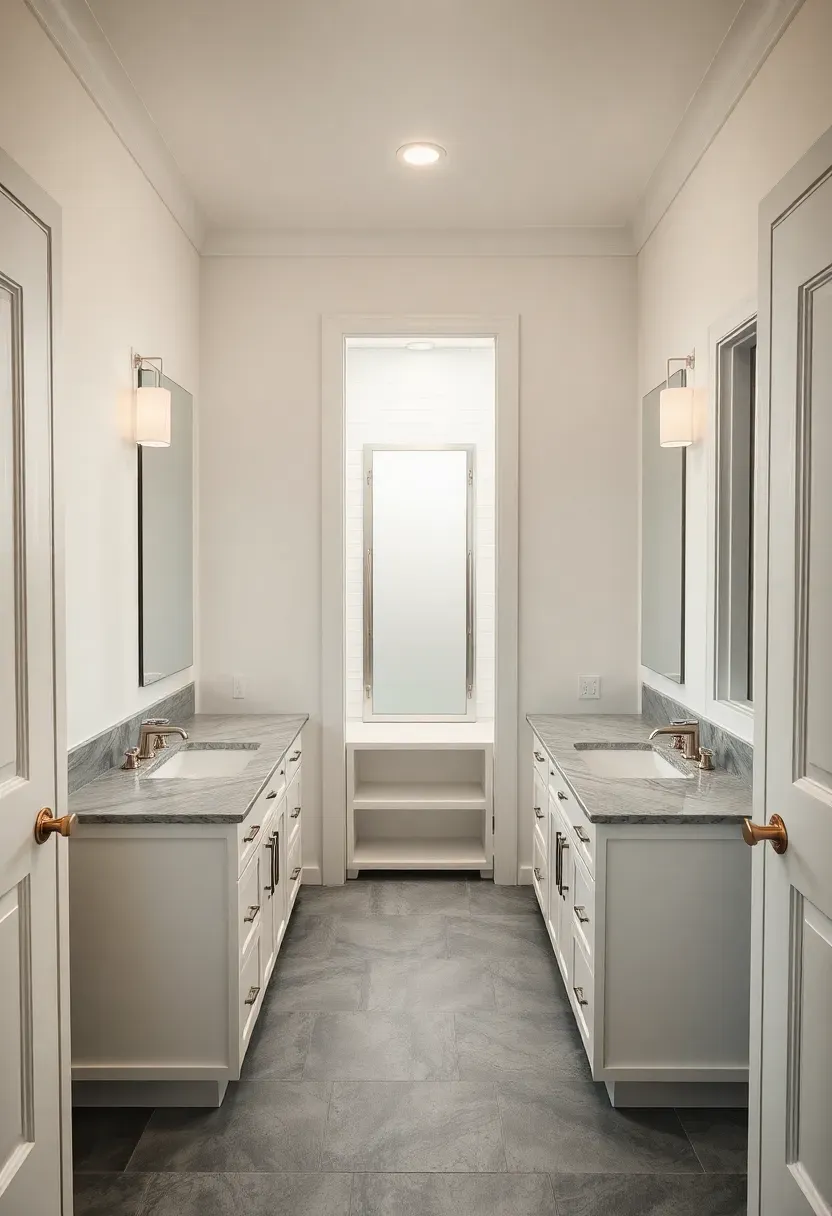 Jack-and-Jill bathroom connecting two bedrooms with doors on each side and shared vanity area