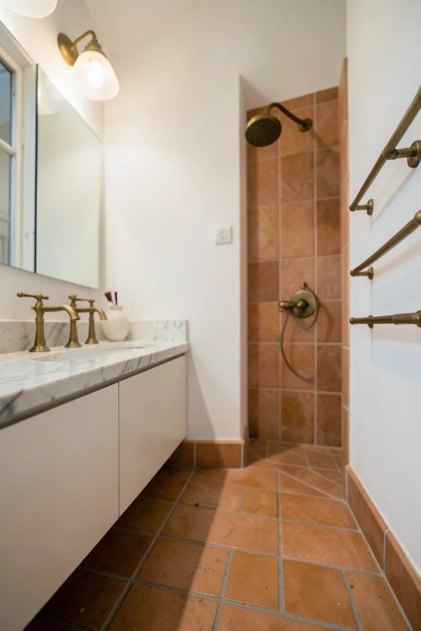 Terracotta hexagon floor tiles in a honeycomb pattern mixed with cream hexagons in a modern bathroom