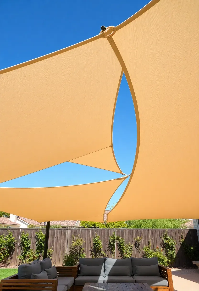 Triangular sail shade canopies in cream fabric stretched overhead between poles creating overhead privacy for a backyard seating area