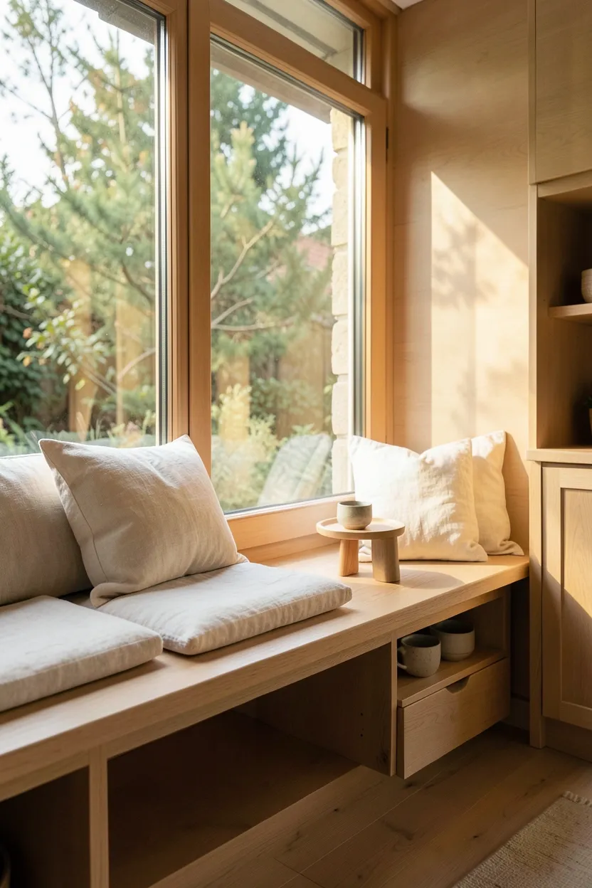 Japandi kitchen hidden trash cabinet with soft-close hinges integrated seamlessly into light oak cabinetry