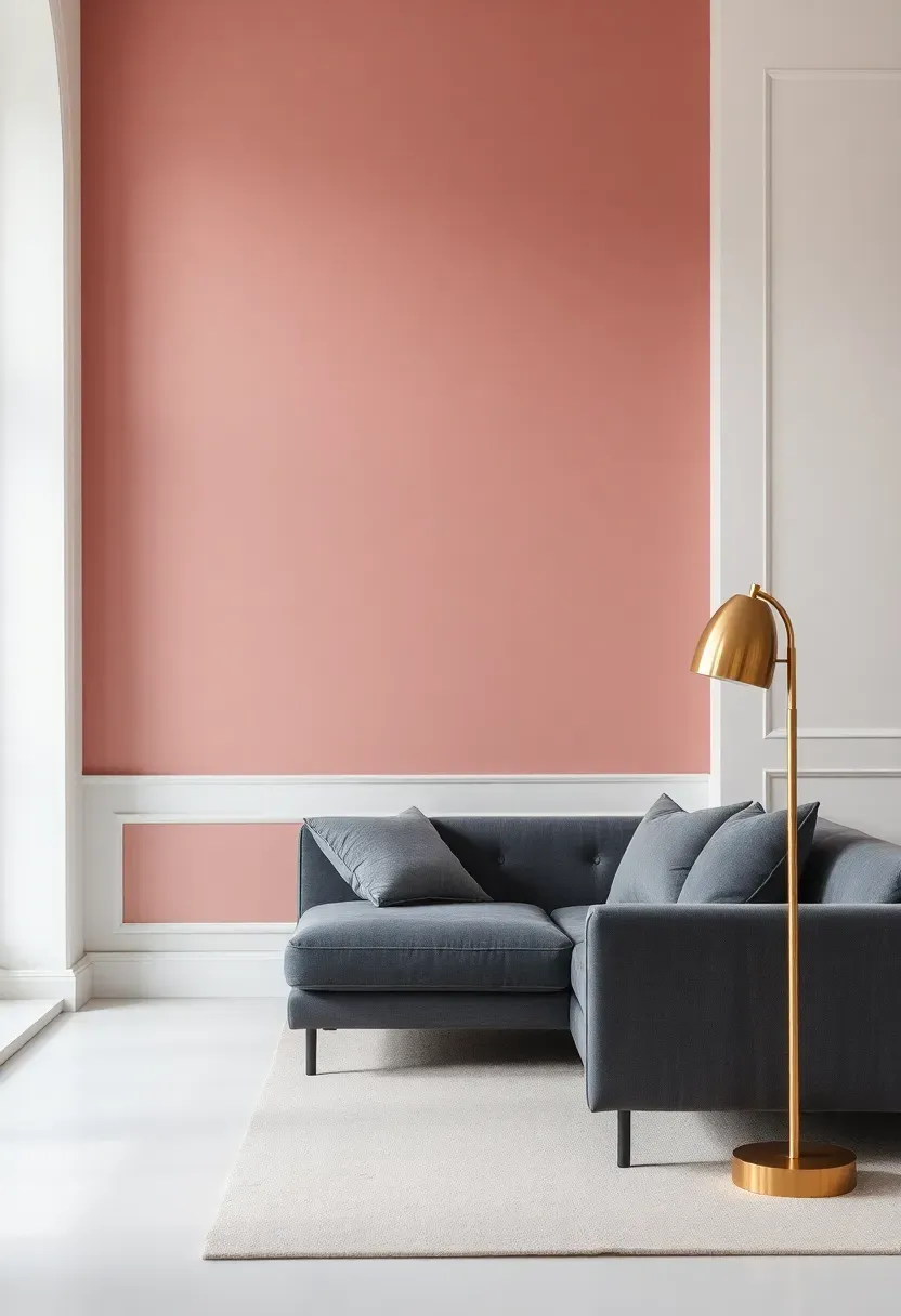 Hyper-realistic 3/4 view of a minimalist living room with dusty rose accent wall, white walls elsewhere, charcoal sofa, brass floor lamp. Materials: matte dusty rose paint, charcoal velvet, brushed brass, white trim. Warm diffused light, elegant pink-gray shadows. Shallow depth of field, sophisticated minimalist composition. No text, no logos, no watermarks.</p>