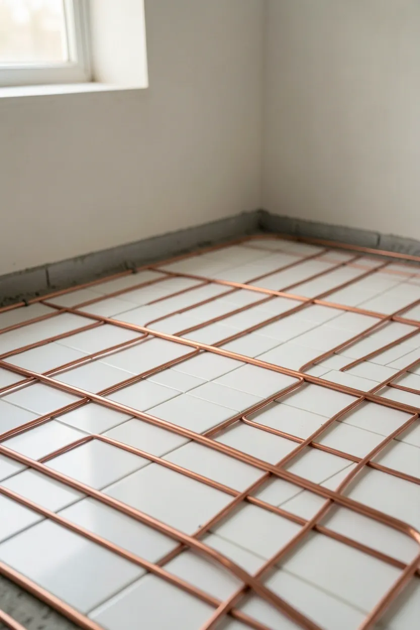 Radiant heated tile floor in a modern bathroom with thermostat control panel — spa-like underfoot warmth