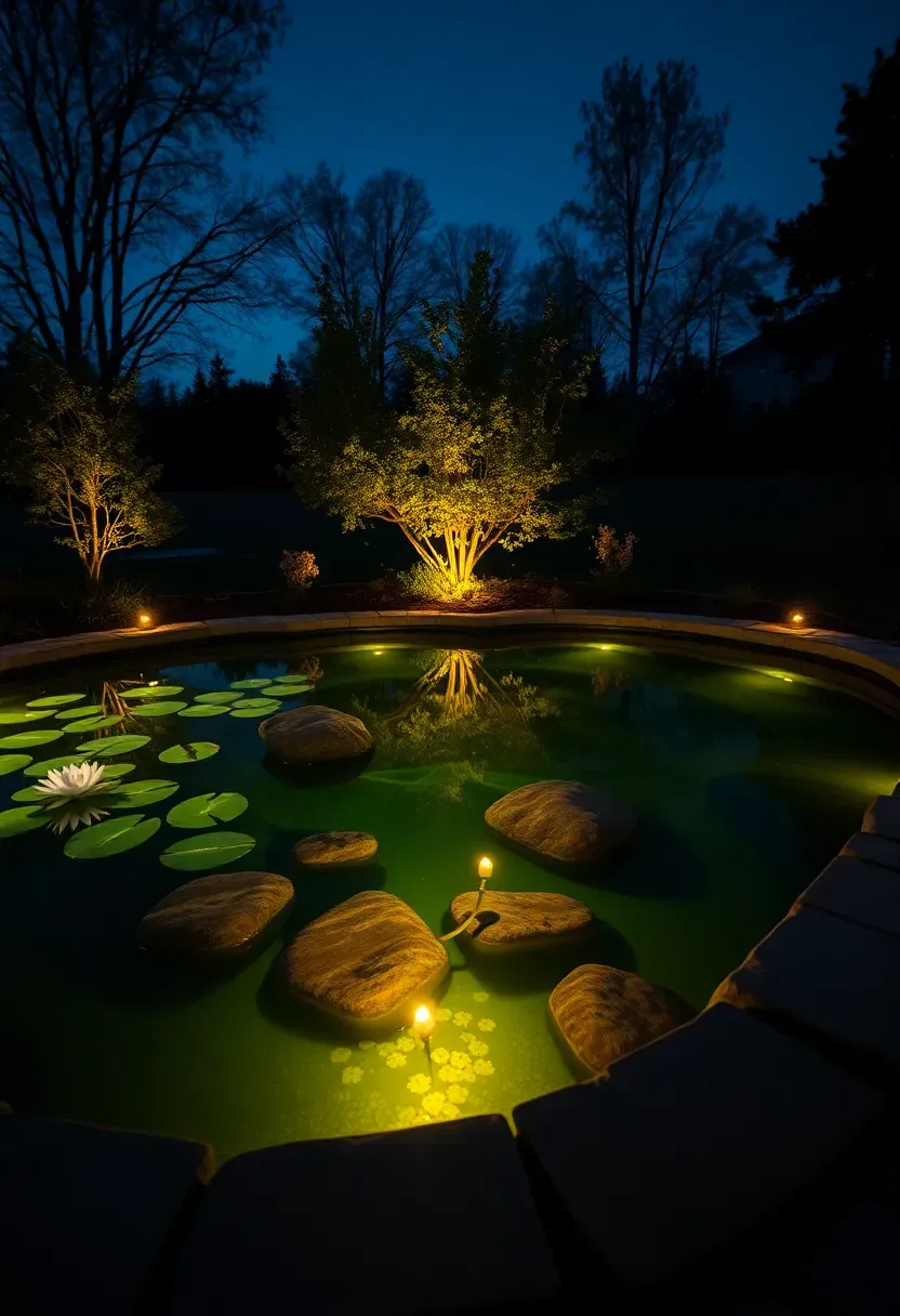 Backyard pond at dusk with underwater LED lights illuminating the water in warm white, lily pads visible, stone edge glowing