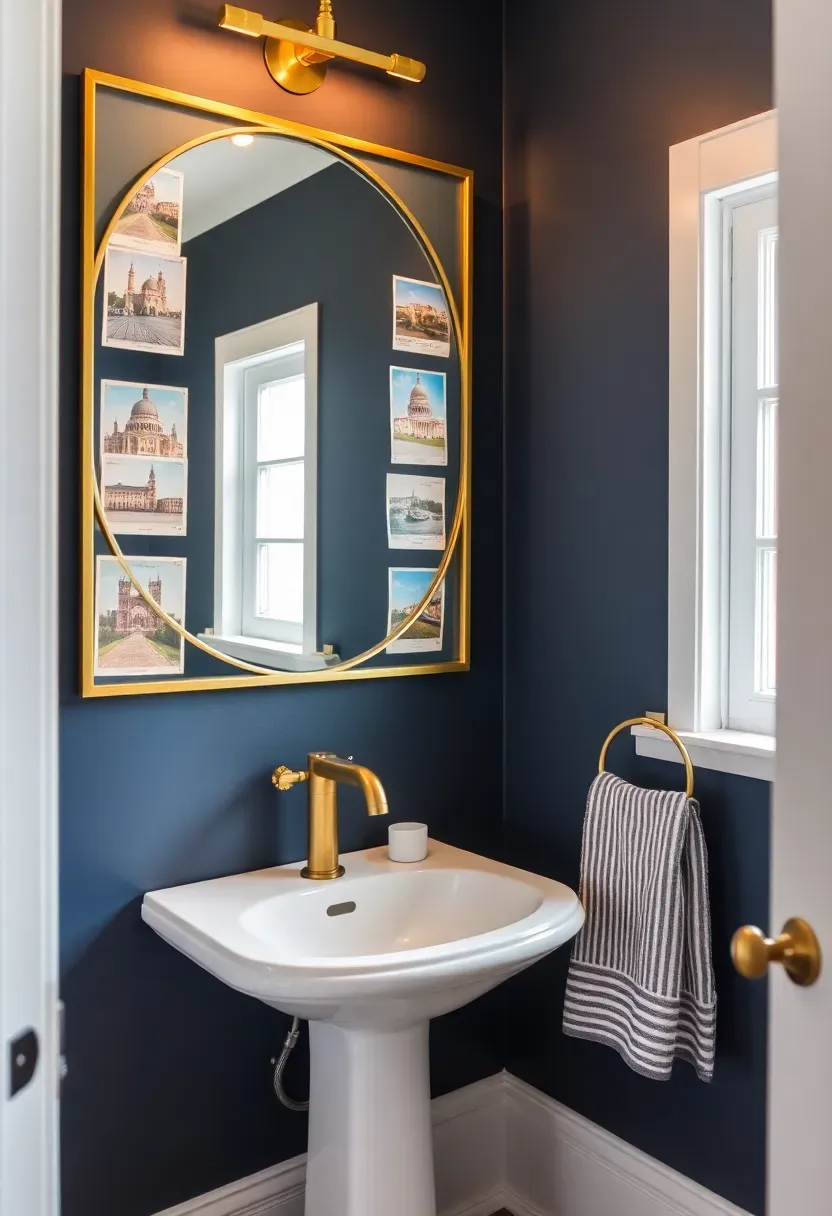 Collection of vintage travel postcards in slim brass frames mounted on a navy bathroom wall above a pedestal sink and round mirror