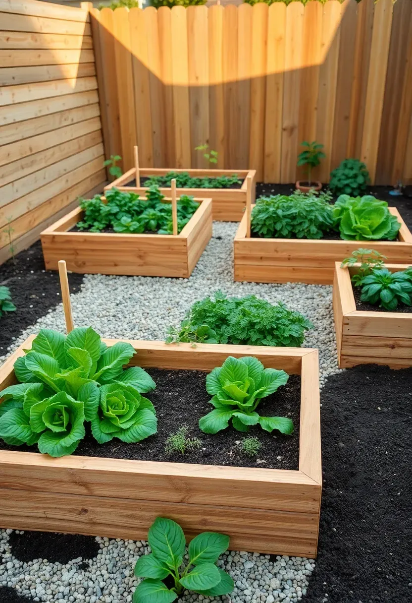 Organized grid of four raised cedar vegetable garden beds with gravel pathways between them filled with lettuce and herbs