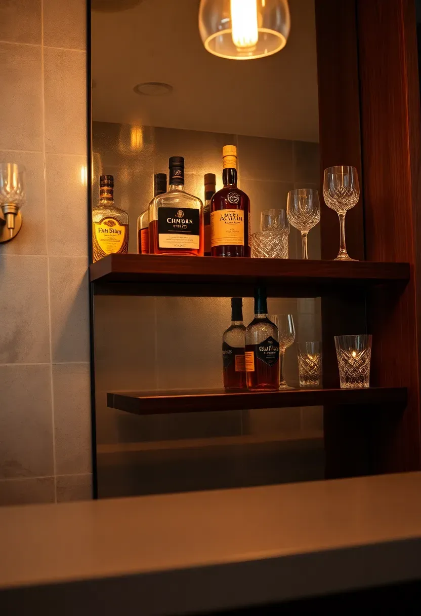home bar with antique mirror panel backsplash reflecting bottles and warm pendant lighting