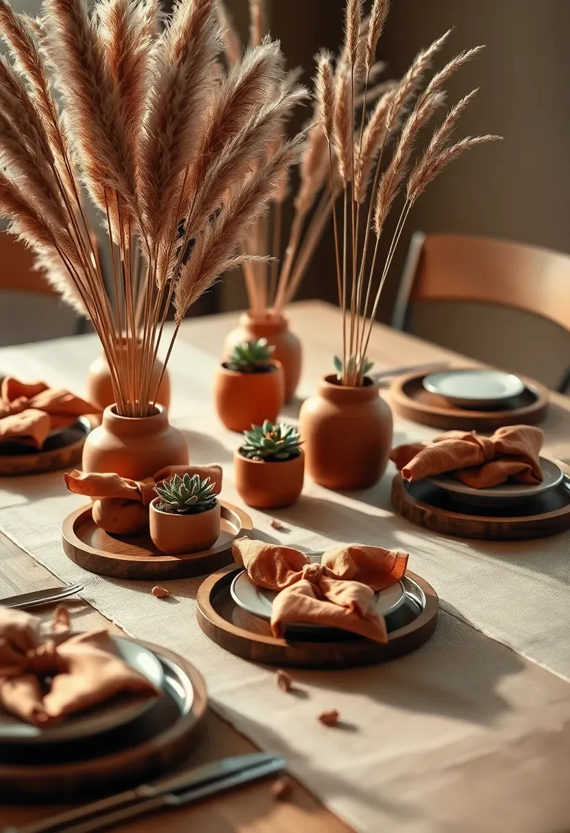 warm terracotta baby shower decor theme with dried pampas grass arrangements small clay pots with succulents rust-colored linen napkins and wooden chargers