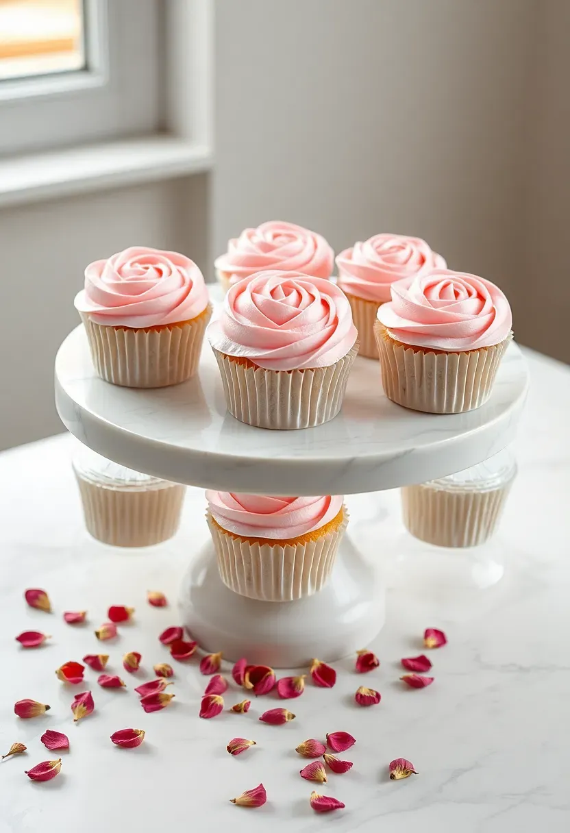 pastel pink rosette swirl buttercream cupcakes arranged on a white marble stand with scattered rose petals