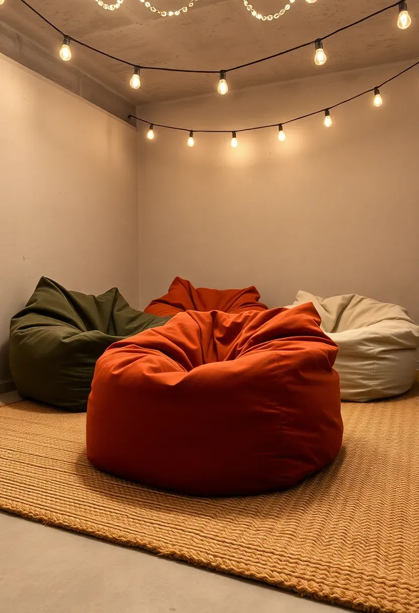 Oversized bean bag chairs in various earth tones arranged on a basement floor with string lights above