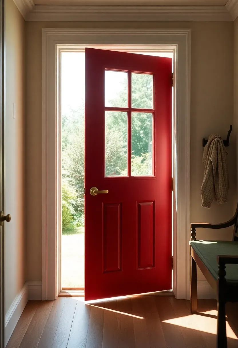 Hyper-realistic straight-on view of Dutch door entry in tiny colonial house. Door features horizontal division with upper half open outward showing garden view, lower half closed with colonial hardware. Materials: painted red door with white trim, brass hinges and latch, multi-pane upper door, cream walls with crown molding, wide-plank floor. Bright daylight streaming through open upper half, creating strong shadows that highlight door division and architectural details. Shallow depth of field showing hardware and door texture. Visible room context—entry bench with coat hooks. Authentic colonial exterior mood.</p>