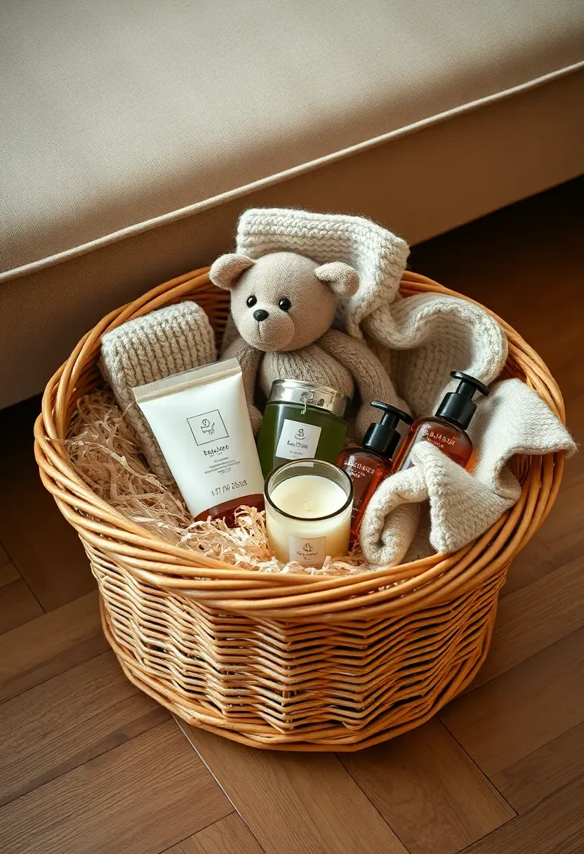 mum and baby pamper gift hamper with skincare products candles and baby items