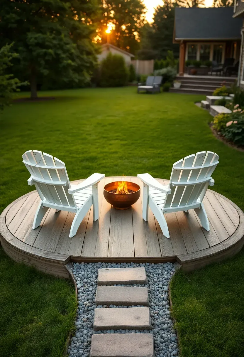 Freestanding oval-shaped deck island in the middle of a backyard lawn, separated from the house, with two Adirondack chairs and a fire bowl