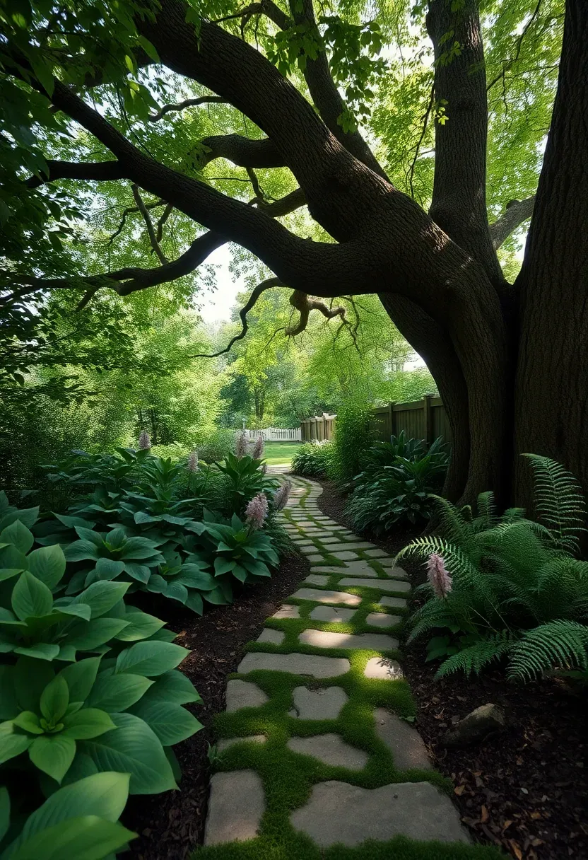 Shaded backyard garden beneath a large oak tree with hostas, ferns, astilbe, and a mossy stone path dappled with filtered sunlight