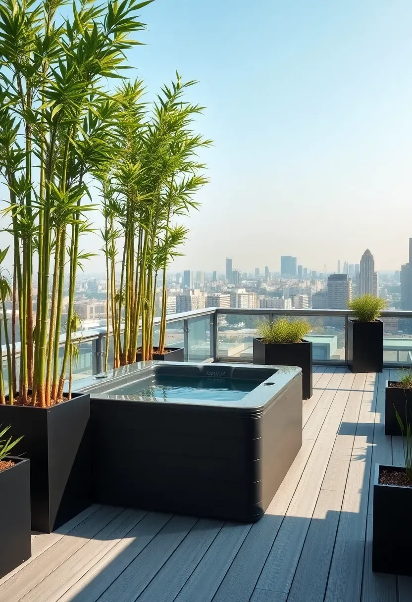 A rooftop deck in an urban setting with a compact swim spa, potted bamboo screens, and city skyline visible in the background