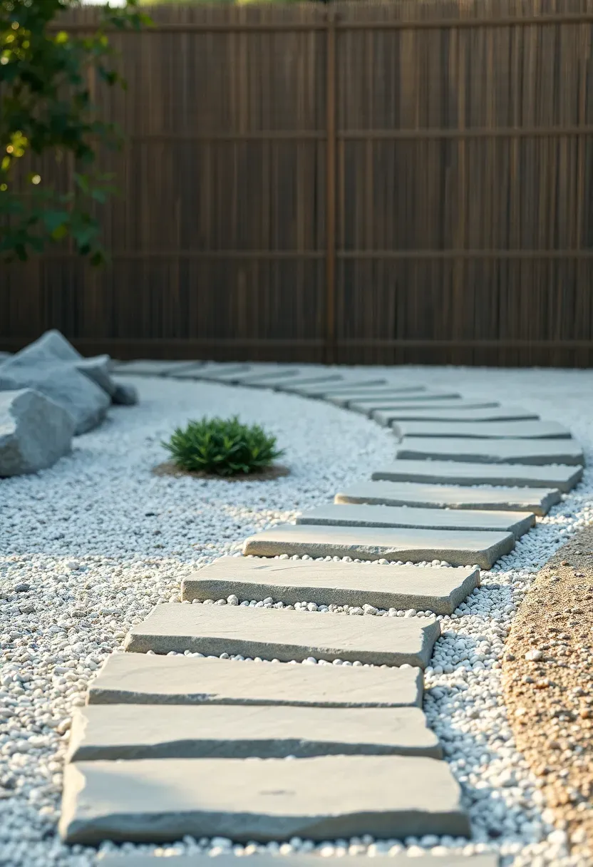 Winding stepping stone path through a zen garden with irregular flat granite stones set in fine gravel leading toward a bamboo screen fence
