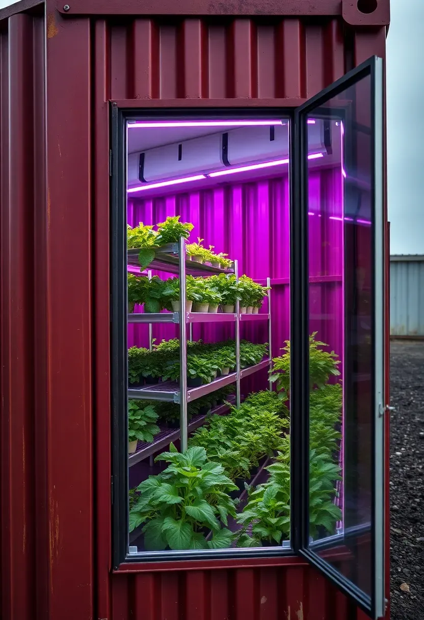 A repurposed shipping container with one long side cut open and replaced with greenhouse glass panels filled with vertical growing racks